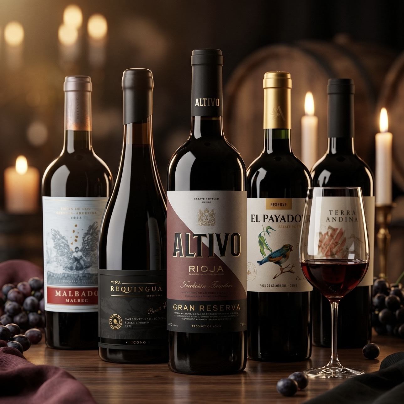 Seleção de garrafas de vinho tinto premium do portfólio VÍSSEL, com taça servida, em ambiente iluminado por velas