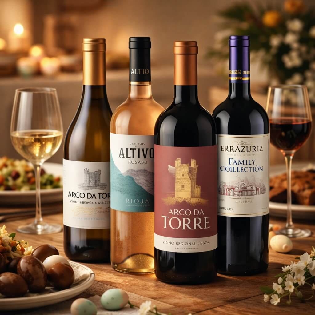 Garrafas de vinho servidas em uma mesa posta com taças e petiscos