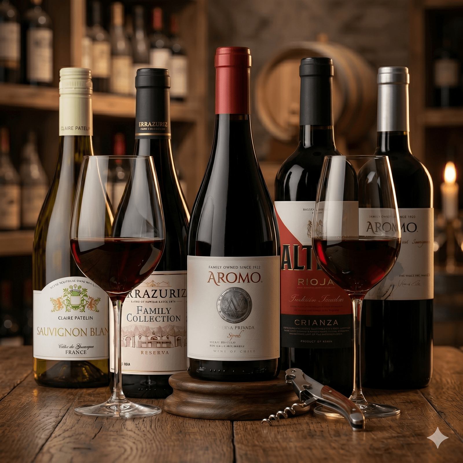 Prateleira de adega com dezenas de rótulos de vinho selecionados do portfólio VÍSSEL