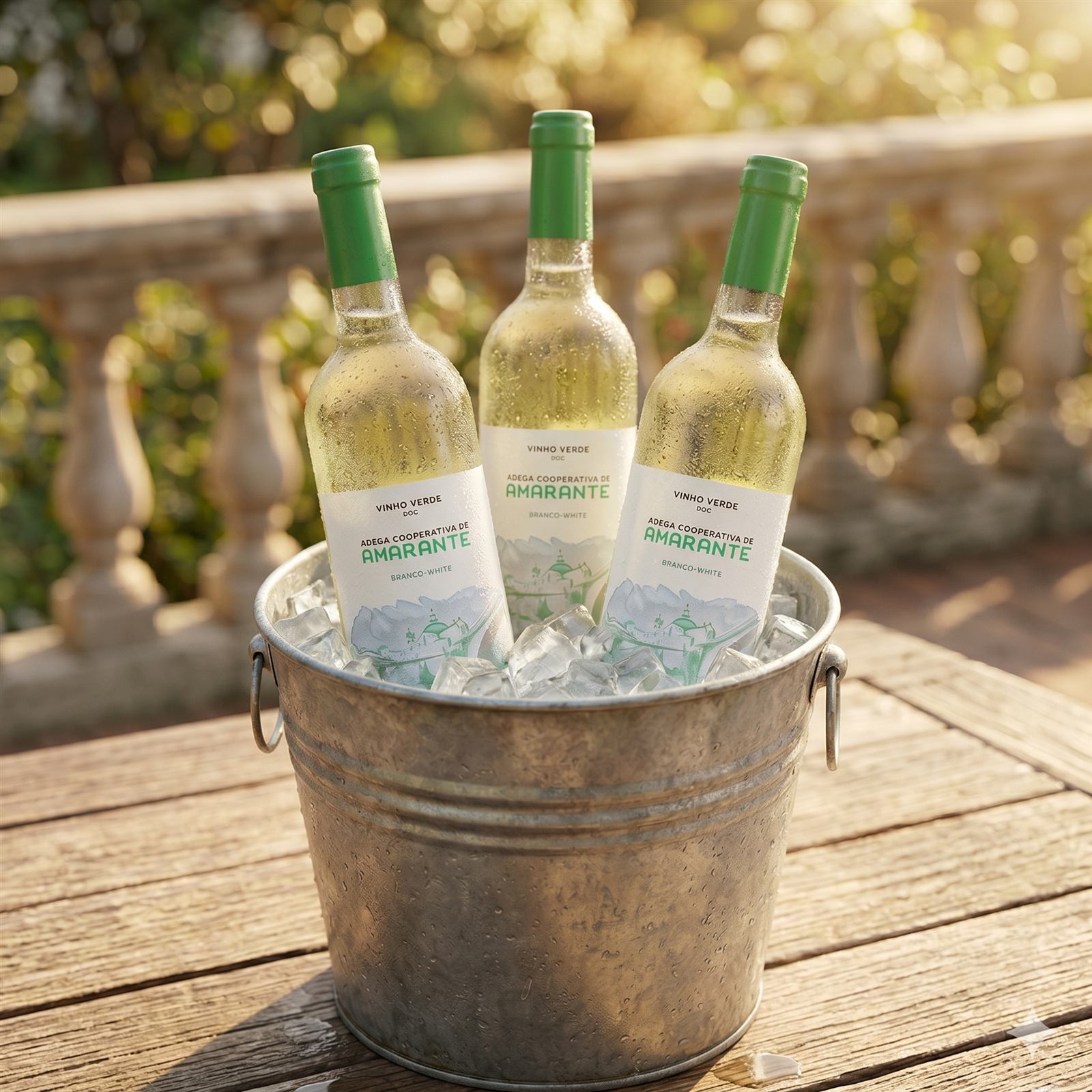 Garrafas de vinho branco geladas em balde de gelo, em um terraço ao ar livre